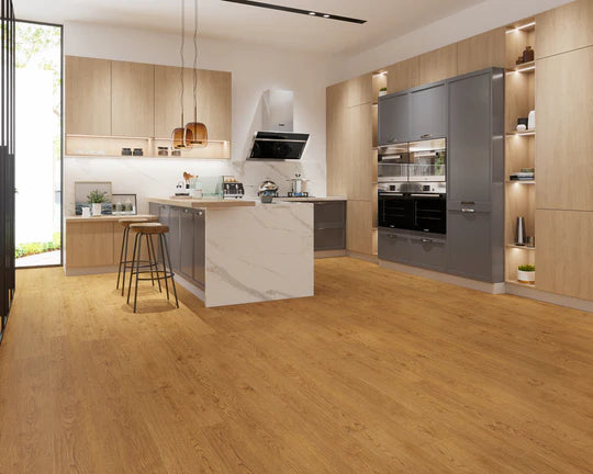 Close-up of Old English Oak LVT showcasing rich oak grain details.
