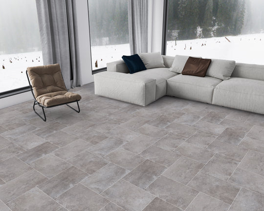 Durable and water-resistant Dorset LVT tiles, available with or without design strips for a realistic stone aesthetic.
