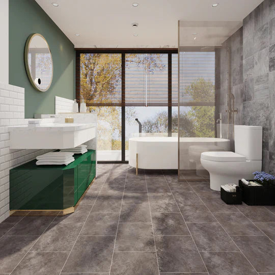Durable, water-resistant Henge LVT tiles for high-traffic areas, offering the look of natural stone.