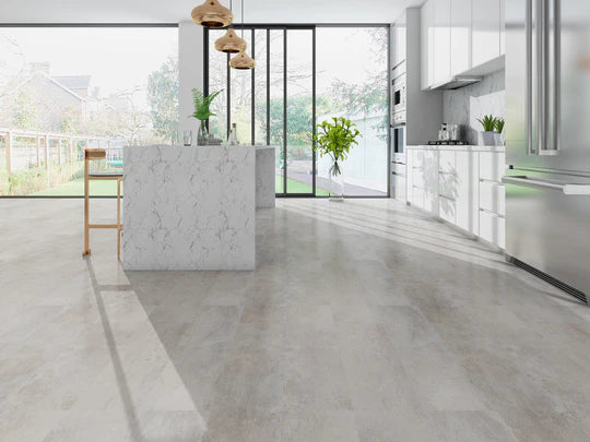 Slip-resistant and water-resistant Limestone LVT flooring, ideal for high-traffic areas.