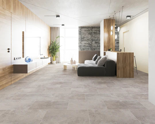 Gluedown installation Limestone LVT tiles from Brampton Chase for a secure fit.