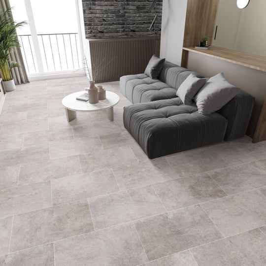 Limestone luxury vinyl tile LVT flooring, offering a natural stone aesthetic.