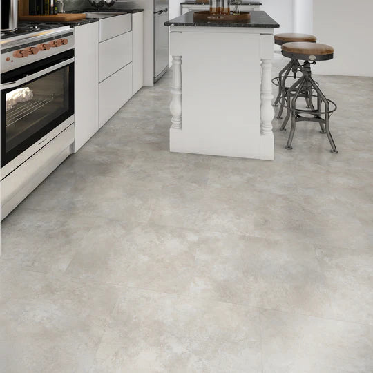 Slip-resistant and water-resistant Santorini LVT flooring, ideal for kitchens and bathrooms.