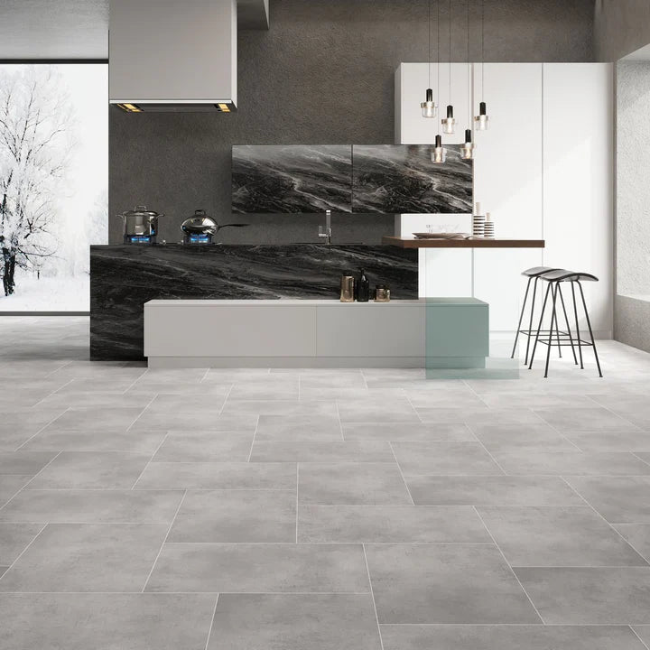 Deco Grey luxury vinyl tile (LVT) with a modern grey stone look and micro bevel edges.