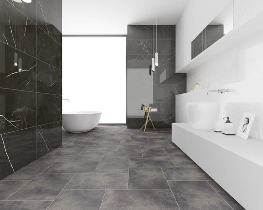 Quay Mist luxury vinyl tile with a contemporary misty stone look, ideal for residential and commercial spaces.