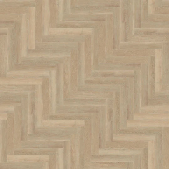 Close-up of Blonde Oak LVT in herringbone pattern, showcasing its natural wood finish and bevel detail.