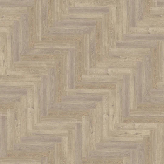 Close-up of European Oak LVT in herringbone pattern, showcasing its timeless wood-effect finish.