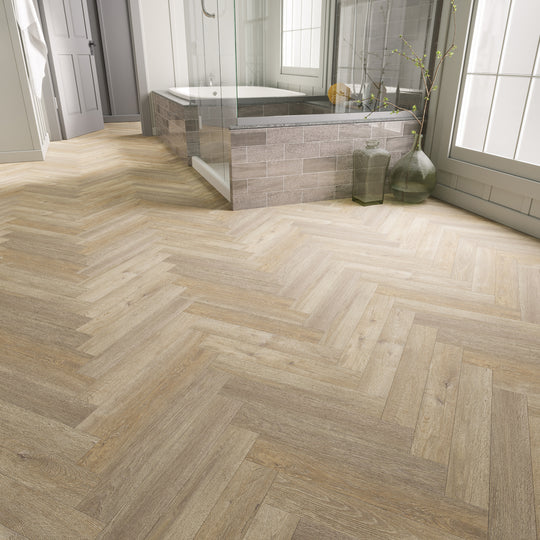 European Oak herringbone flooring, ideal for residential and commercial spaces with underfloor heating compatibility.