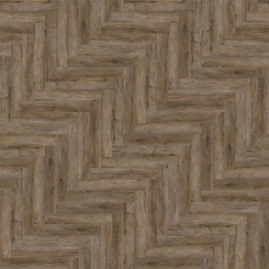 Smokey Bay herringbone LVT with gluedown installation, offering durability and underfloor heating compatibility.