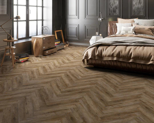 Smokey Bay Herringbone LVT flooring, perfect for both residential and commercial spaces.