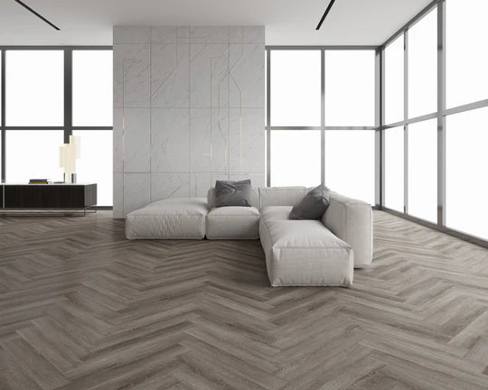 Stylish Urban Dusk LVT herringbone flooring, water-resistant and easy to maintain.