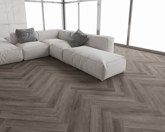Luxury Urban Dusk Herringbone LVT, ideal for residential and commercial spaces with underfloor heating compatibility.