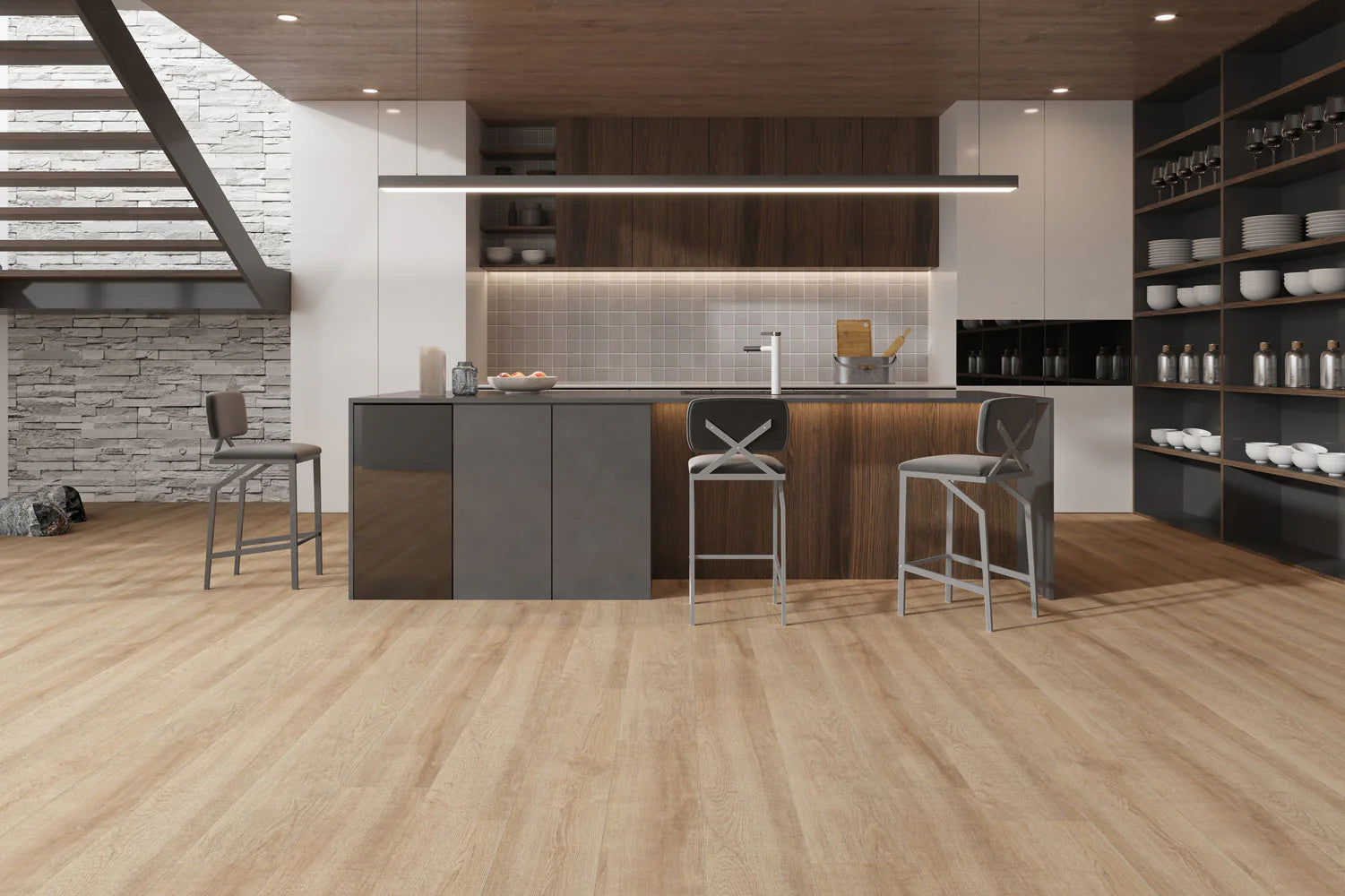 Woodlands Stowe LVT flooring enhancing a minimalist kitchen design