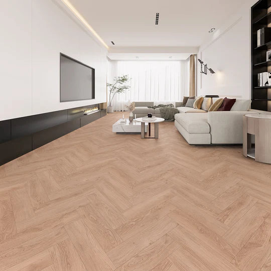 Natural Oiled Oak Herringbone LVT with warm oak tones and micro bevel edges.