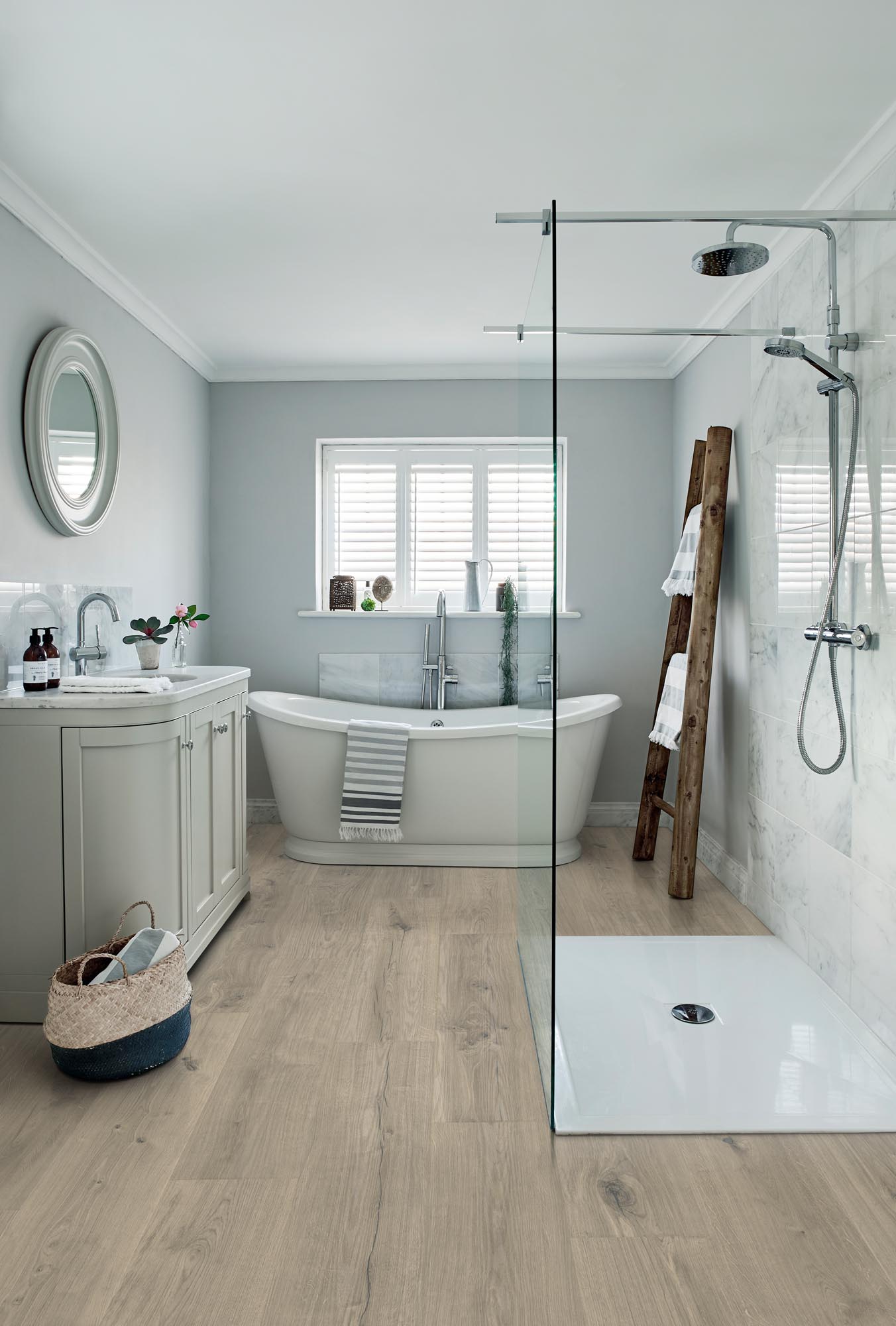 Durable Hall Oak Cinder Grey Plank LVT with bevelled edges and glued fitting.