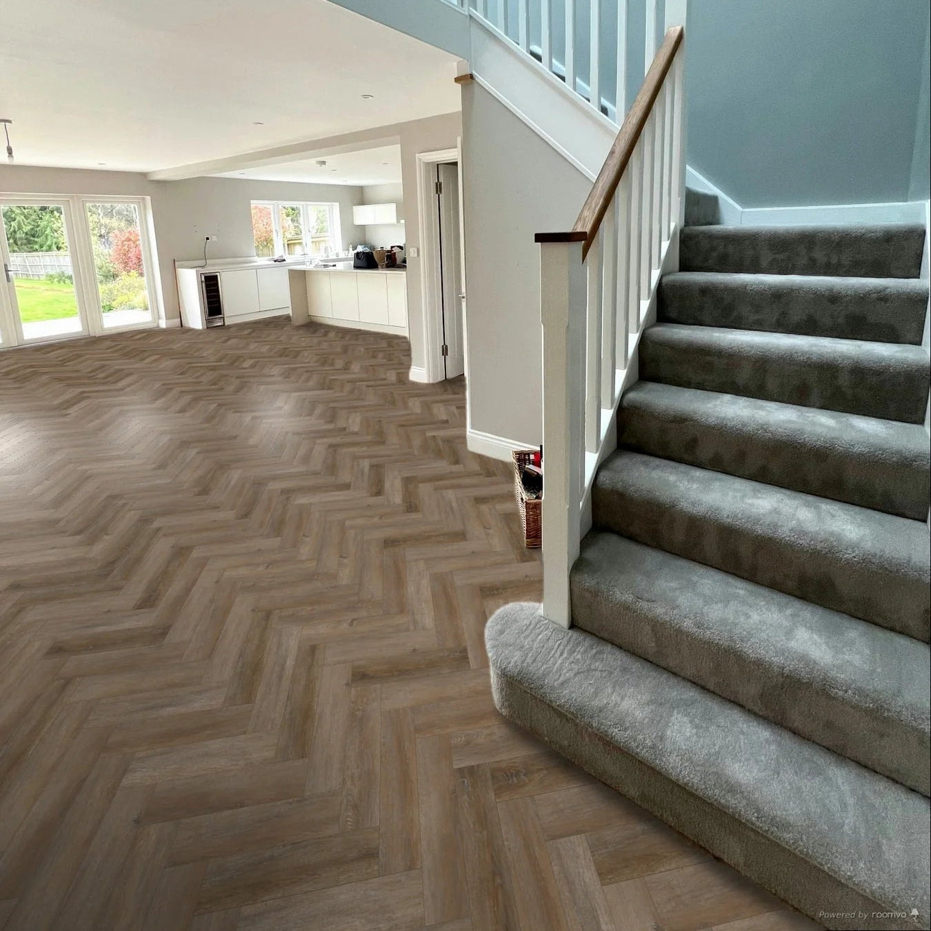 Smokey Bay small plank Herringbone LVT with subtle brown and beige and tones micro bevel edges.