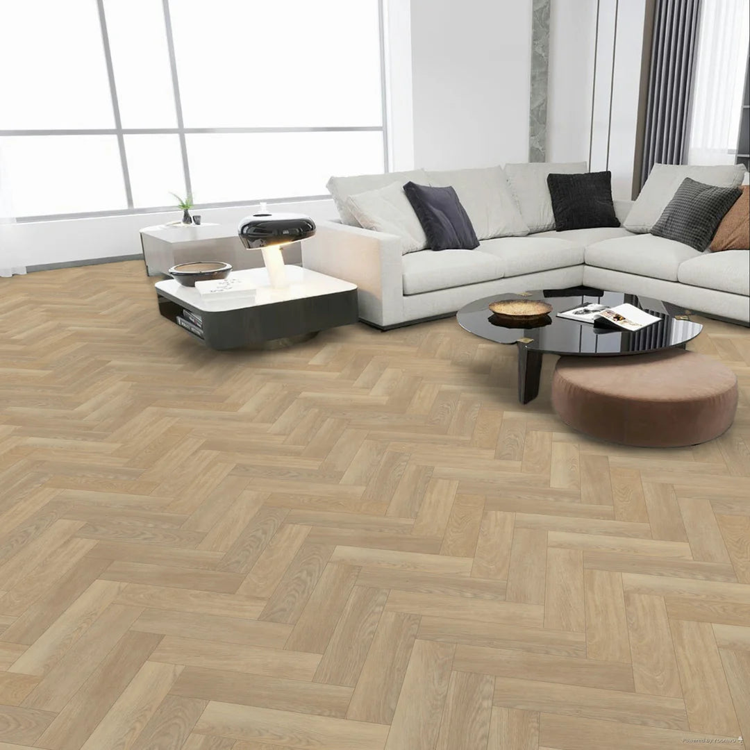 Blonde Oak Herringbone luxury vinyl tile (LVT) with light wood-effect and micro bevel edges.
