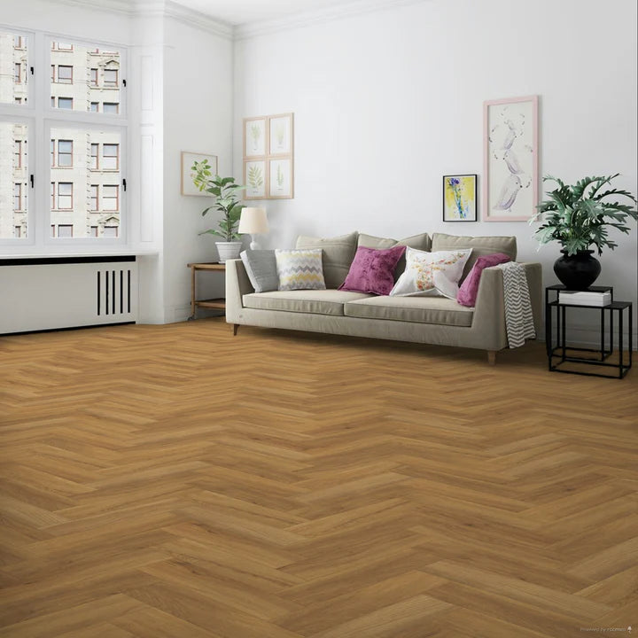 California Oak small plank Herringbone LVT showcasing its light oak tones and micro bevel edges.
