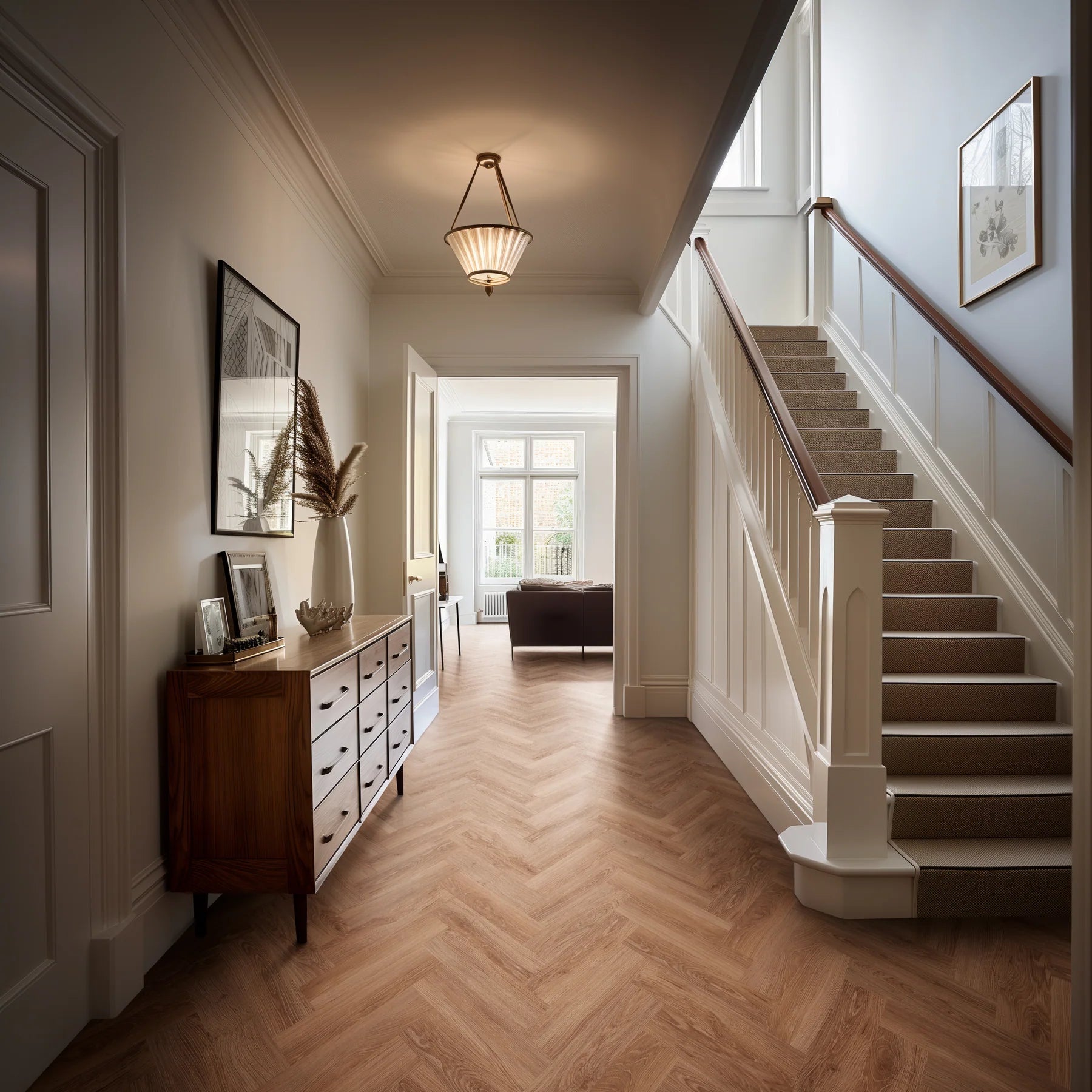 Natural Oiled Oak small plank Herringbone LVT with warm oak tones and micro bevel edges.