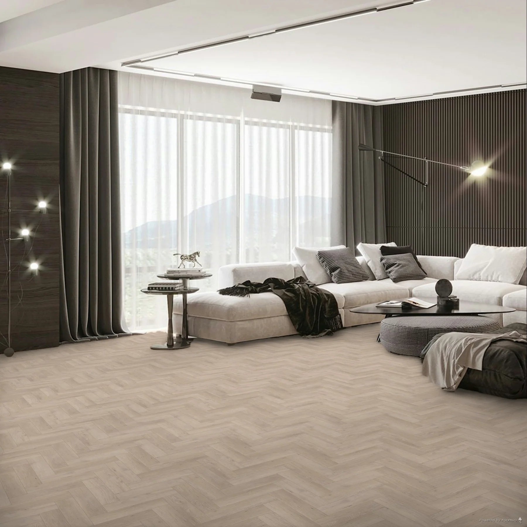 Ivory White small plank Herringbone LVT with light neutral tones and micro bevel edges.