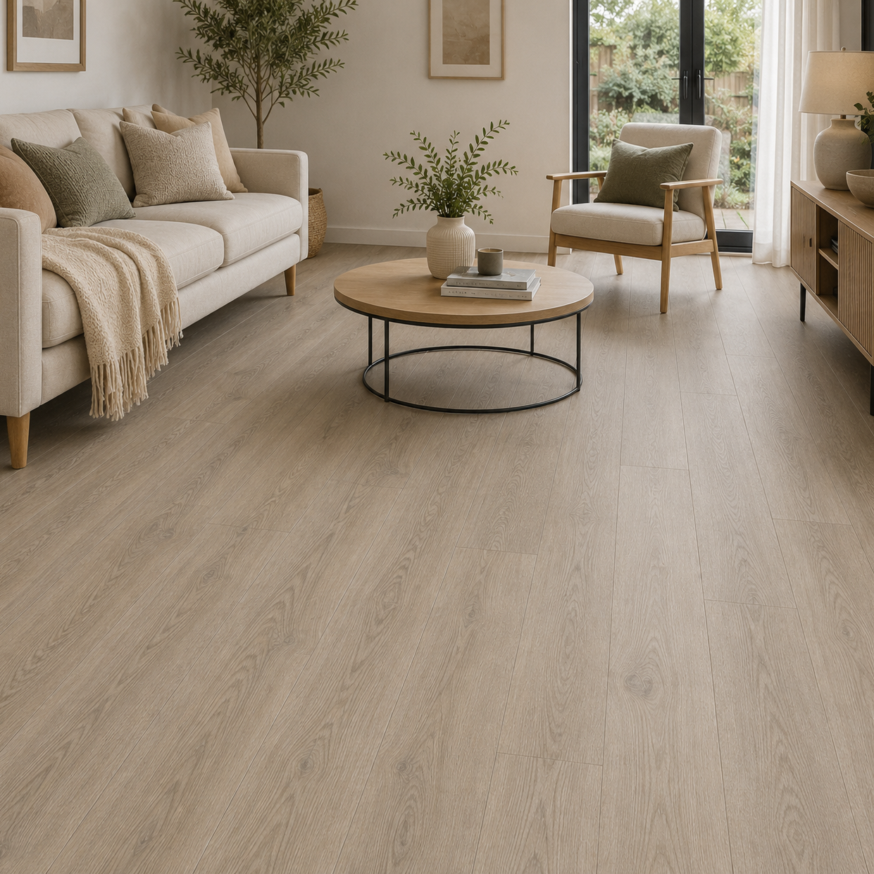 Living room with light wood flooring, beige sofa, and decorative elements.