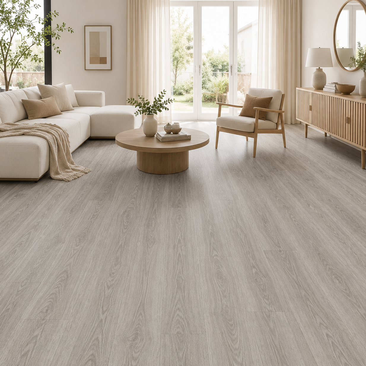 Living room with light wood flooring, furniture, and large windows.