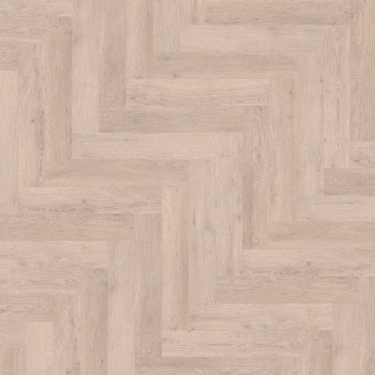 Close-up of Ivory White LVT herringbone pattern, showcasing its elegant and modern design