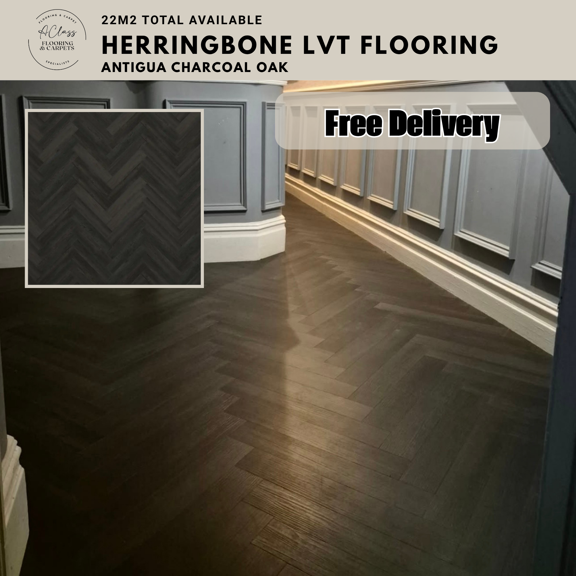 Antigua Charcoal Oak Black Herringbone LVT Flooring – 22m² Job Lot