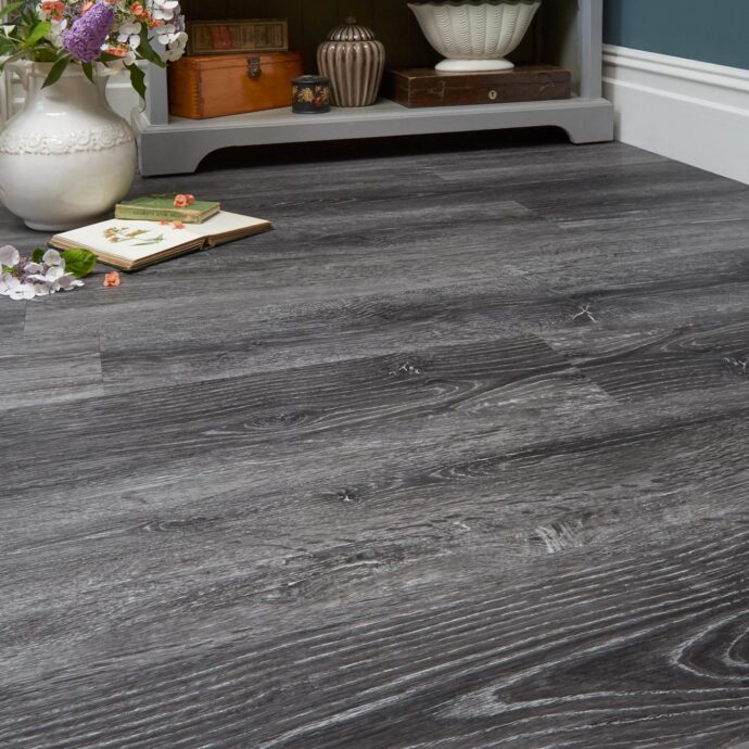 Smoked Limewash Plank LVT flooring by J2 Flooring – durable, scratch-resistant, and waterproof vinyl flooring.