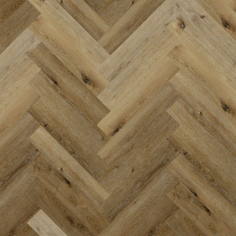 Bodo Herringbone SPC in Woodland Fir, showcasing deep, rich tones and a textured grain pattern for a rustic, natural interior.