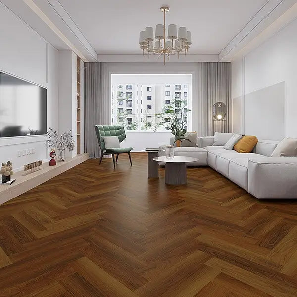 Cherokee Oak herringbone LVT in a cosy living room with warm oak tones.