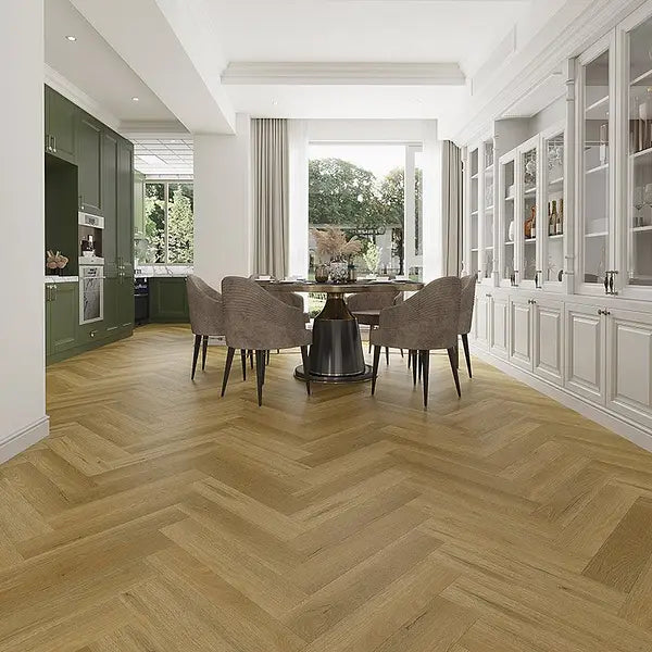 Stylish living room with Alva Natural Oak LVT in herringbone design, showcasing natural wood tones.