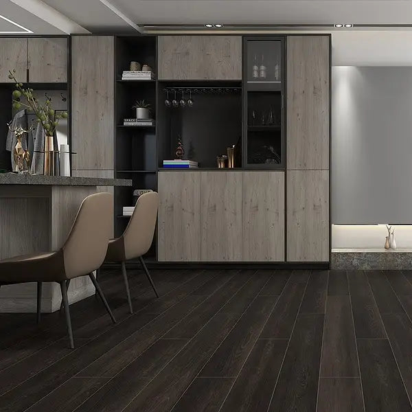 Alva Plank LVT Collection in Antigua Charcoal Oak, installed in a modern living room