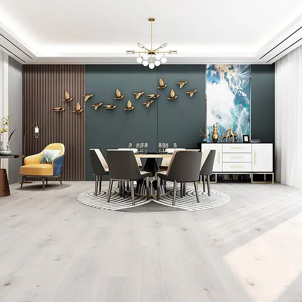 Alva Plank LVT Collection in Pewter Light Oak, installed in a modern open-plan living room