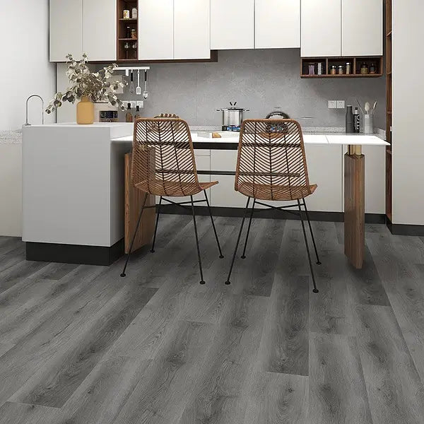 Alva Plank LVT Collection in Yosemite Dark Oak, installed in a modern kitchen dinning room