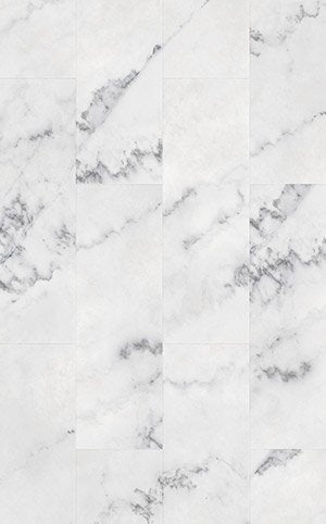 Close-up view of Arabescato Tile LVT, highlighting the intricate veining and bevelled edges.
