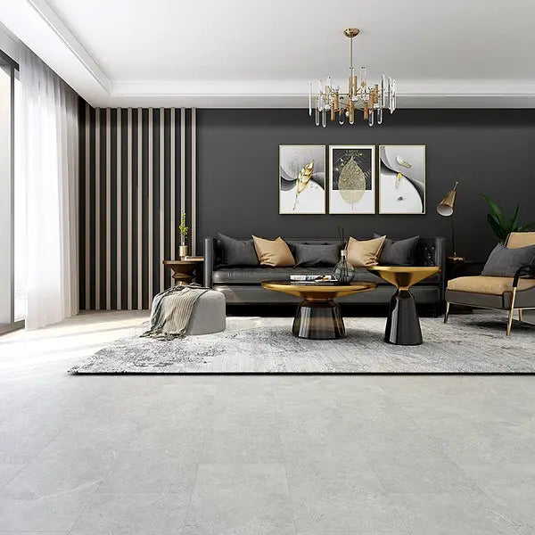 Crystal Tile LVT installed in a modern living room, showcasing the glossy, stone-effect surface and bevelled edges.