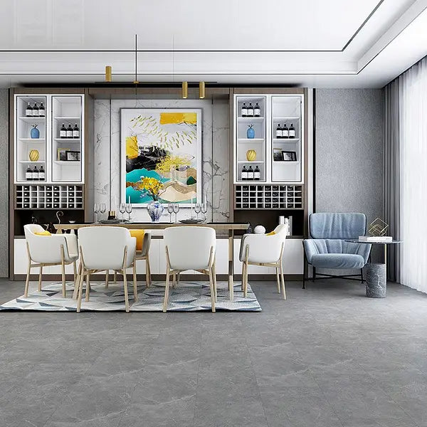 Quartz Grey Tile LVT installed in a contemporary kitchen dining room, showcasing its smooth grey surface and bevelled edges.