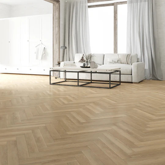 Blonde Oak Herringbone luxury vinyl tile (LVT) with light wood-effect and micro bevel edges.