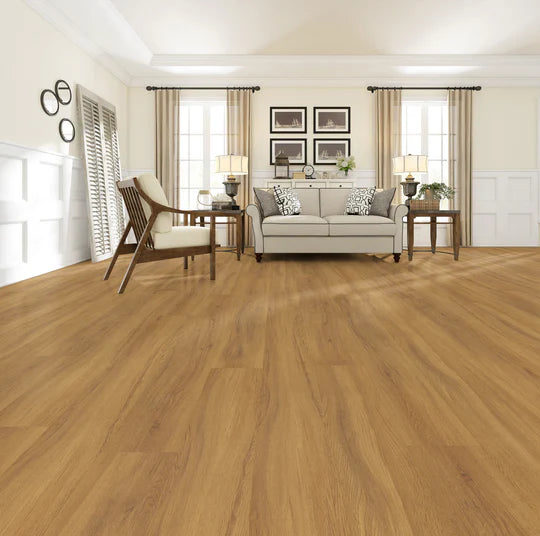 California Oak LVT in gluedown installation, offering durability and water resistance for any space.