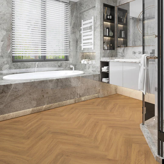 Elegant California Oak Herringbone flooring with gluedown installation and water resistance.