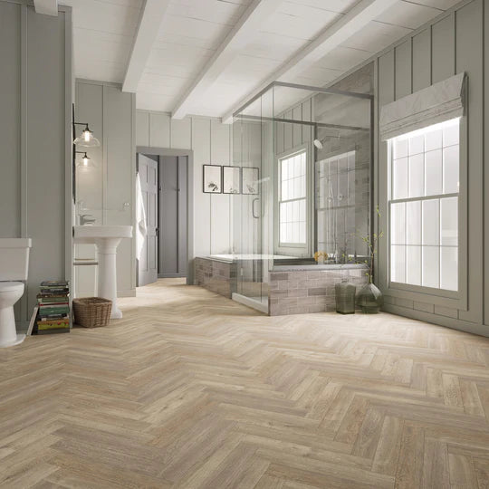 European Oak Herringbone luxury vinyl tile (LVT) with oak-effect design and micro bevel edges.