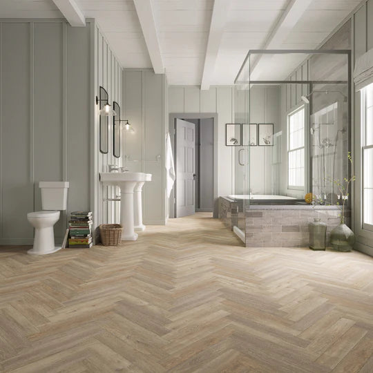 European Oak Herringbone LVT with gluedown installation, providing durability and water resistance.