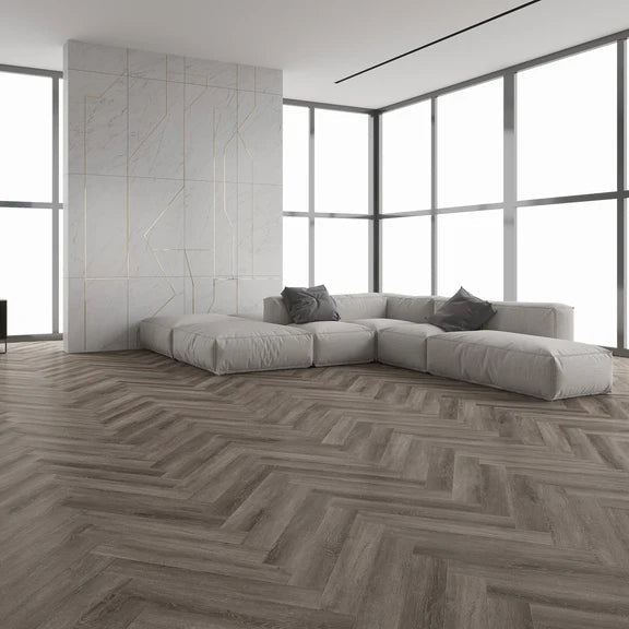 Urban Dusk Herringbone LVT featuring rich grey-brown tones and micro bevel edges.