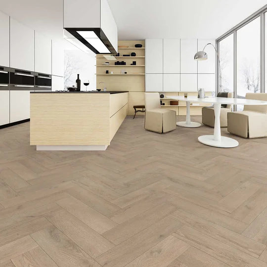 Willow Oak Herringbone LVT with natural oak-effect design and micro bevel edges.