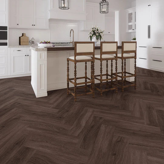 Dark Umber Herringbone LVT showcasing rich brown tones with micro bevel edges.