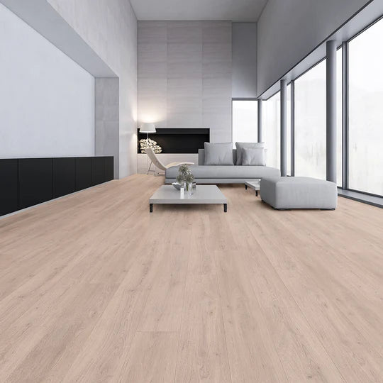 Ivory White Large Plank luxury vinyl tile (LVT) featuring a light oak wood-effect and micro bevel edges.