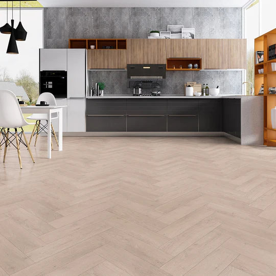 Ivory White Herringbone LVT with light neutral tones and micro bevel edges.