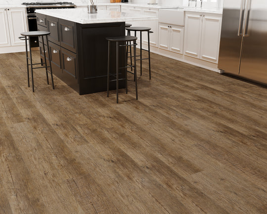 Distressed Oak LVT with gluedown installation for a secure, long-lasting fit.