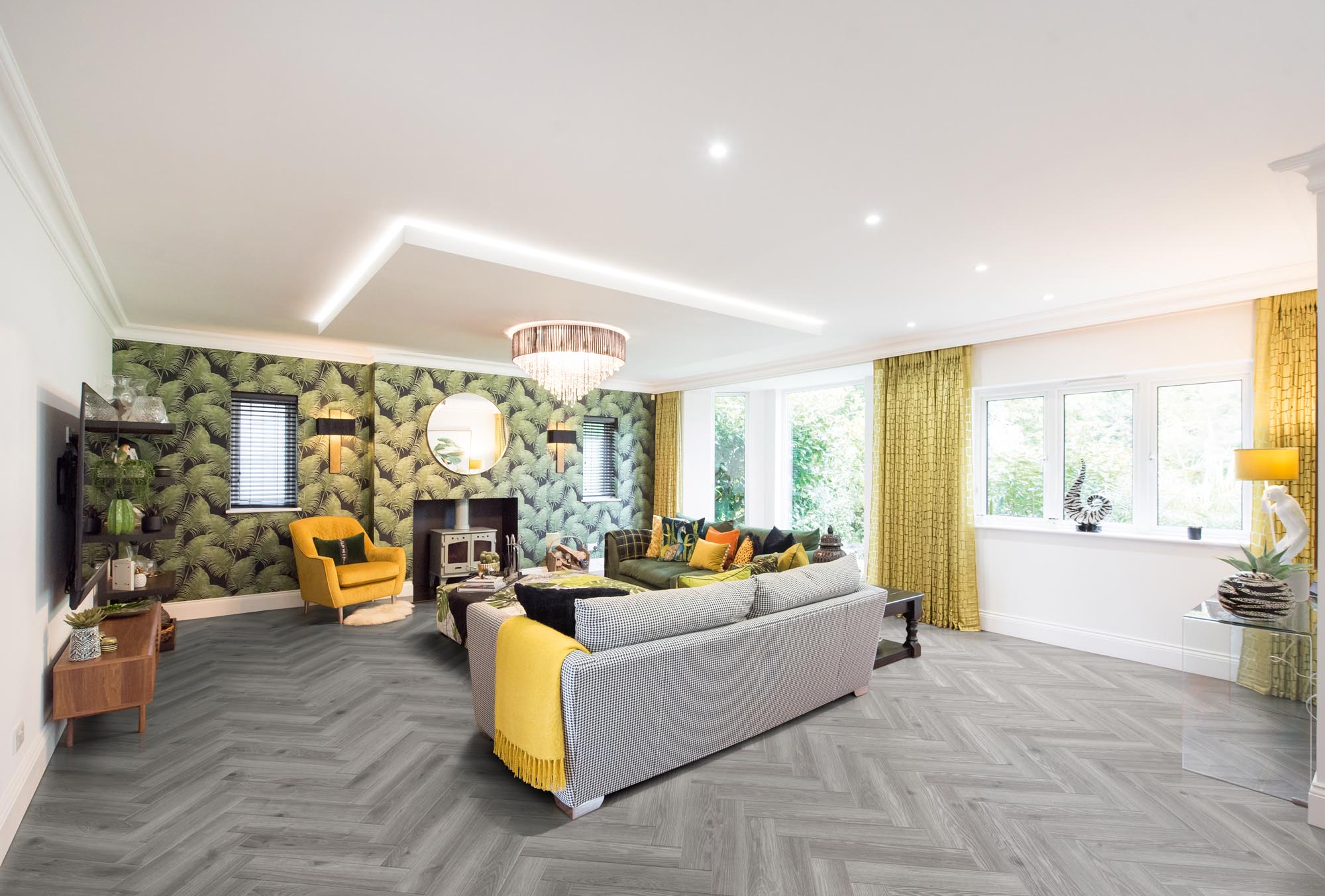 Parquet Timberwolf LVT in a contemporary lounge setting, offering a natural wood effect with a modern design